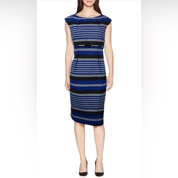Calvin Klein Women’s Cap Sleeve Striped Belted Sheath Dress Multi Sz 18W - Picture 1 of 13